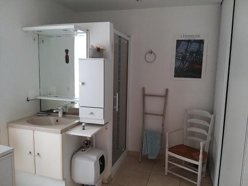 a bathroom with a sink and a mirror and a chair at Maison Althea Rosea - 3 chambres et piscine in Nieulle-sur-Seudre