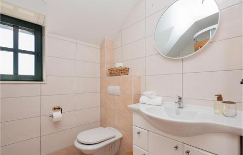 a bathroom with a sink and a toilet and a mirror at Awesome Home In Zmijavci With Outdoor Swimming Pool, Wifi And 2 Bedrooms in Zmijavci