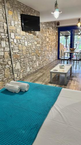 a living room with a blue rug and a stone wall at LUUMA APARTMENT'S in Thymonia Beach