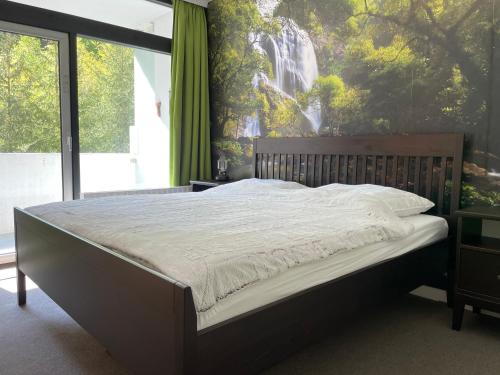 een slaapkamer met een bed met een watervalmuurschildering aan de muur bij Ferienwohnung Memory in Bad Harzburg