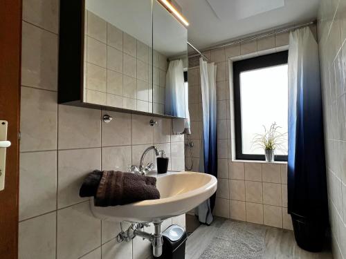 uma casa de banho com um lavatório e uma janela em Dependance Villa Komposch adults only em Reifnitz