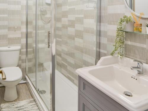 La salle de bains est pourvue de toilettes, d'un lavabo et d'une douche. dans l'établissement Baekere House Apartment, à Alnwick