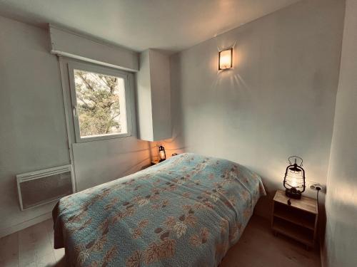 une chambre avec un lit et une fenêtre dans l'établissement Appartement pinède et océan, à Saint-Jean-de-Monts