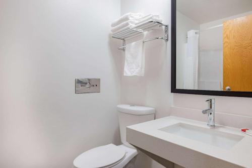 een badkamer met een toilet, een wastafel en een spiegel bij Super 8 by Wyndham Duluth in Duluth