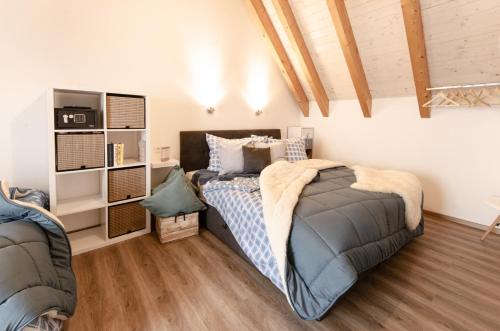 a bedroom with a bed and a book shelf at Nepomuk pod Prahou in Nepomuk