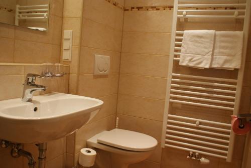 a small bathroom with a sink and a toilet at Premium Appartements Di Bora in Sankt Michael im Lungau