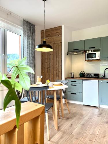 a kitchen with green cabinets and a table with chairs at Apartamenty Bieńkula in Szczyrk