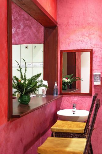 a pink bathroom with a sink and a mirror at The Okaseni Lodge in Arusha