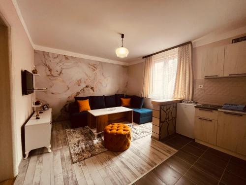 a living room with a blue couch and a kitchen at SNAM Rooms&Apartment in Žabljak