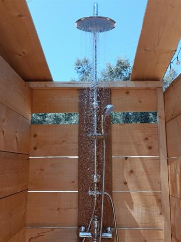 a shower in a wooden building with a shower head at Meltheane in Lygia