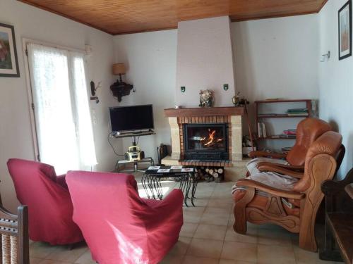 a living room with a couch and a fireplace at Gîte Saint Michel 2 étoiles in Moulin-Mage