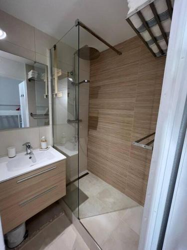 a bathroom with a glass shower and a sink at Les Tropéziennes in Cogolin