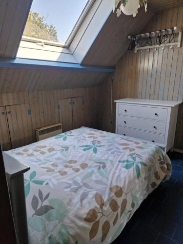 een slaapkamer met een bed op een zolder met een raam bij Gite du bois des sapins in Groffliers