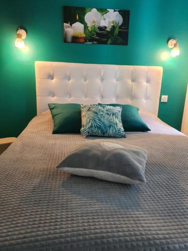 a bed with two pillows and a green wall at "Le Petit Paradis" au Centre Ville d'Oyonnax in Oyonnax