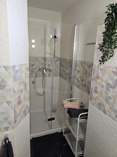 a bathroom with a shower with a chair and a stool at APARTMA FIREFLY1 in Ljubljana