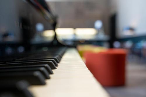 a close up of a piano keyboard with a red cup at Parc Hotel Billia in Saint Vincent