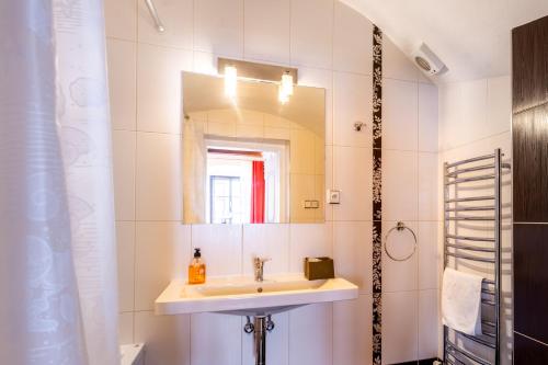 a bathroom with a sink and a mirror at Leylaria in Český Krumlov