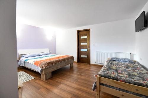 a bedroom with two beds and a flat screen tv at Villa CASTELLINO in Tîrgu Ocna