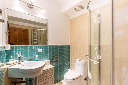 een badkamer met een toilet, een wastafel en een douche bij Infinity blue family suite in Sosúa
