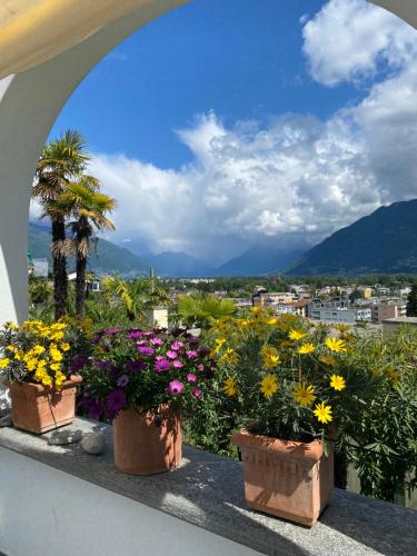 three potted plants sitting on a balcony with flowers at Villa Incanto in Ascona