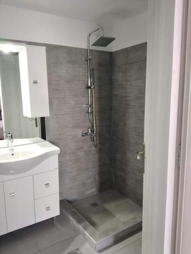 a bathroom with a shower and a sink at Brand new spacious studio in Itea