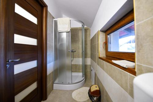 baño con ducha y puerta de cristal en Villa CASTELLINO, en Târgu Ocna