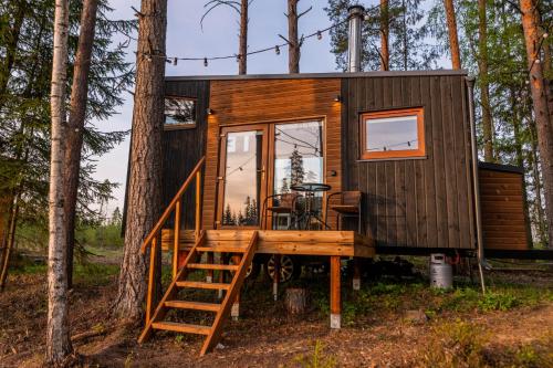 a tiny house in the woods with a deck at TaaliHomes Metsamajake - kadakasaun hinnas 