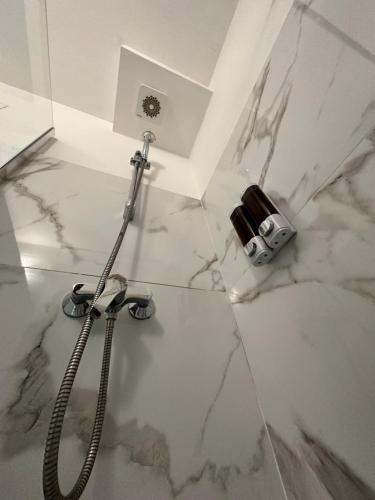 a white marble bathroom with a shower with a hose at Calle de le Pazienze Apartments in Venice