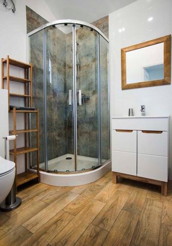 a bathroom with a shower with a toilet and a sink at Domki u Goni in Karwieńskie Błoto Pierwsze