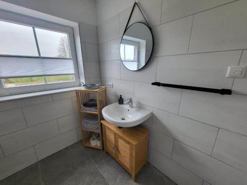 a bathroom with a sink and a mirror at Ferienwohnung Landblick in Steenfeld