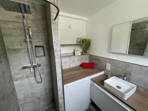 y baño con ducha y lavabo blanco. en Klosterloft - Modernes Apartment in historischer Klosteranlage, en Ravensburg