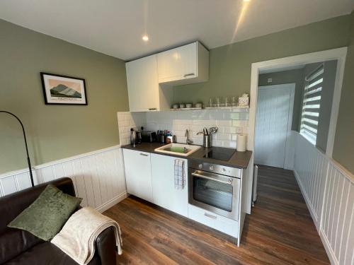 a small kitchen with a sink and a stove at Tyddyn Bach Bunkhouse in Betws-y-coed