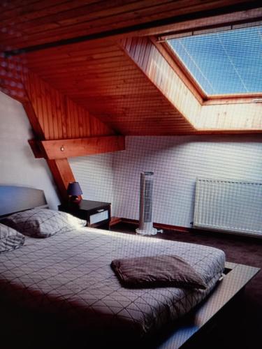 - une chambre mansardée avec un lit et une lucarne dans l'établissement Les appartements du Lion de Belfort, à Belfort