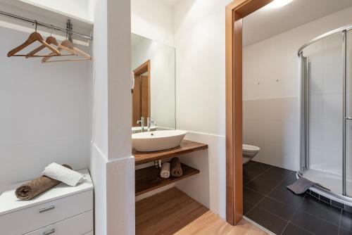 a bathroom with a sink and a shower at Panorama Residence Schlossblick - Apartments Erdgeschoss in Rodengo