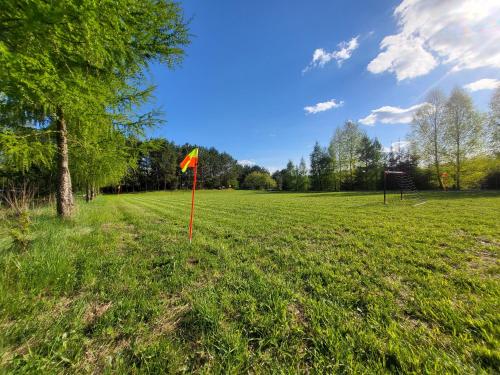 a orange flag in a field with a tree at Orli Zakątek in Gorczyca