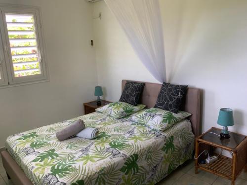 un dormitorio con una cama y una ventana en Villa l'Exotik, en Les Abymes