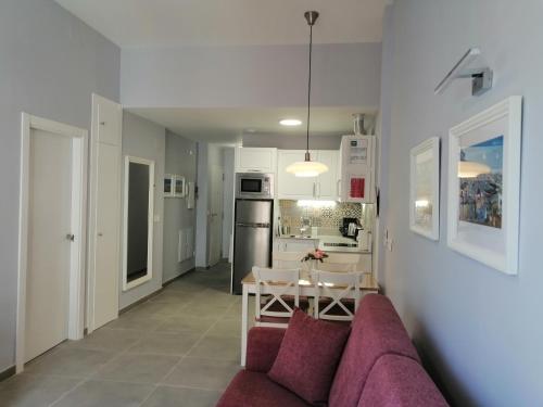 ein Wohnzimmer mit einem lila Sofa und einer Küche in der Unterkunft Malaga Lodge Apartments in Málaga