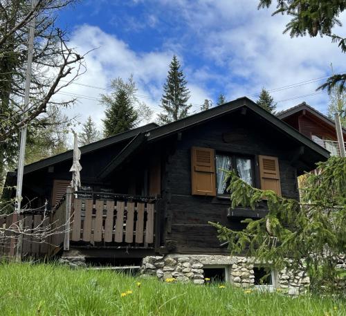 a log cabin with a porch and a window at Entire cozy chalet in St-Cergue - 30 min from Geneva in Saint-Cergue