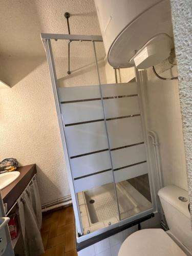 - une porte de douche en verre dans la salle de bains à côté des toilettes dans l'établissement Appartement terrasse sur le port, piscine, tennis, à Gruissan