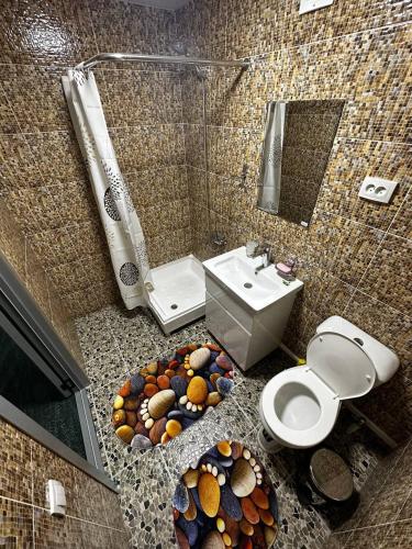 uma casa de banho com um WC, um lavatório e um chuveiro em ZARA Guest House em Bukhara
