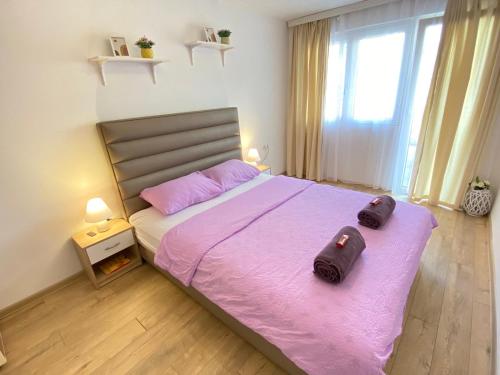 Mataruška Banja的住宿－Apartman MiNa，一间卧室配有一张带粉红色床单的大床