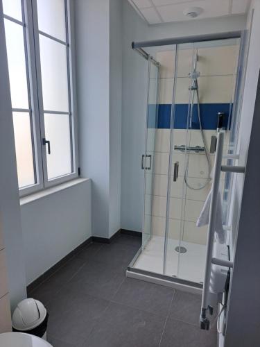 W łazience znajduje się prysznic ze szklanymi drzwiami. w obiekcie Le petit Védaquais w mieście Vaas