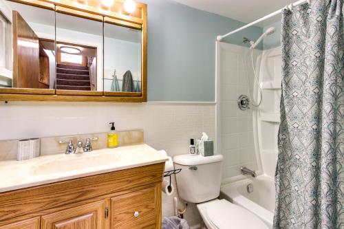 La salle de bains est pourvue d'un lavabo, de toilettes et d'un miroir. dans l'établissement Remer Vacation Rental Home with Wraparound Deck, à Remer