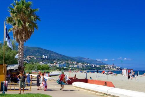 un grupo de personas de pie en una playa con una palmera en Appartement VUe MER avec parking gratuit sur place en Bastia