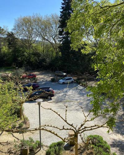 a group of cars parked in a parking lot at Logis Hôtel Château De Palaja in Carcassonne