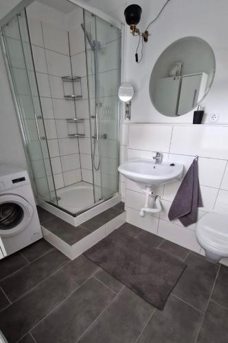 a bathroom with a shower and a sink and a washing machine at Ferienwohnung am Friedenspark 2 in Thale