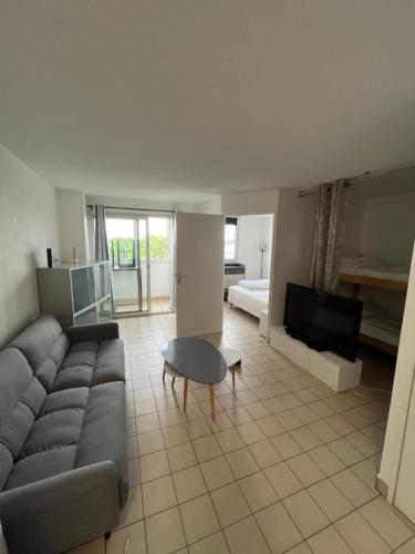 un salon avec un canapé, une table et une télévision dans l'établissement Séte 6eme vue sur le canal et l'étang, à Sète