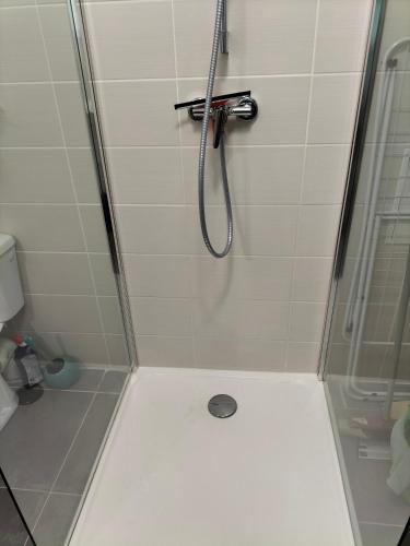 a bathroom with a shower with a glass door at Au Champ Fleuri in Bracieux