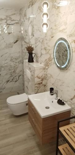 a bathroom with a sink and a toilet and a mirror at Aparthotel Monterria in Bar