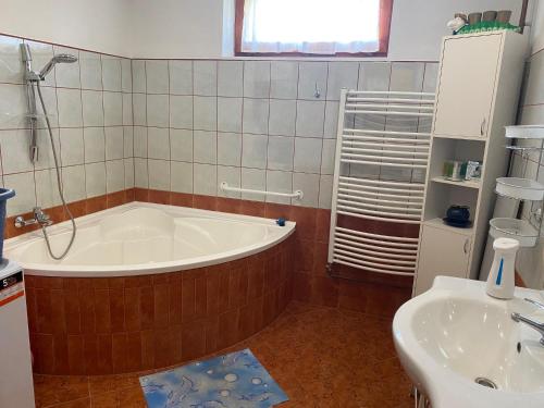 Erika Vendégház في Tiszasas: حمام مع حوض ومغسلة